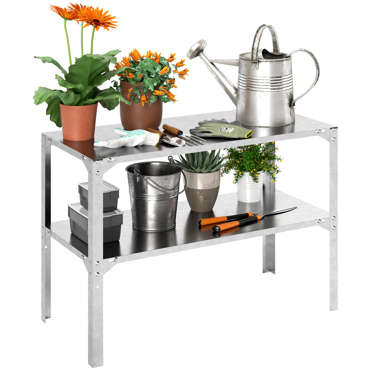 Outsunny 2-Tier Galvanised Steel Potting Bench Table – Garden Work Bench with Storage Shelf, Silver Tone
