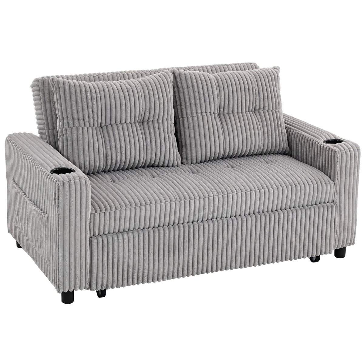 HOMCOM 2 Seater Click Clack Sofa Bed with Pull-Out Design and Cup Holders – Corduroy Upholstery, Light Grey