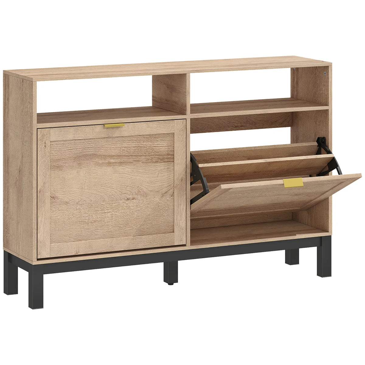HOMCOM Narrow Shoe Cabinet with 2 Flip-Down Drawers & Open Shelves, Walnut Brown
