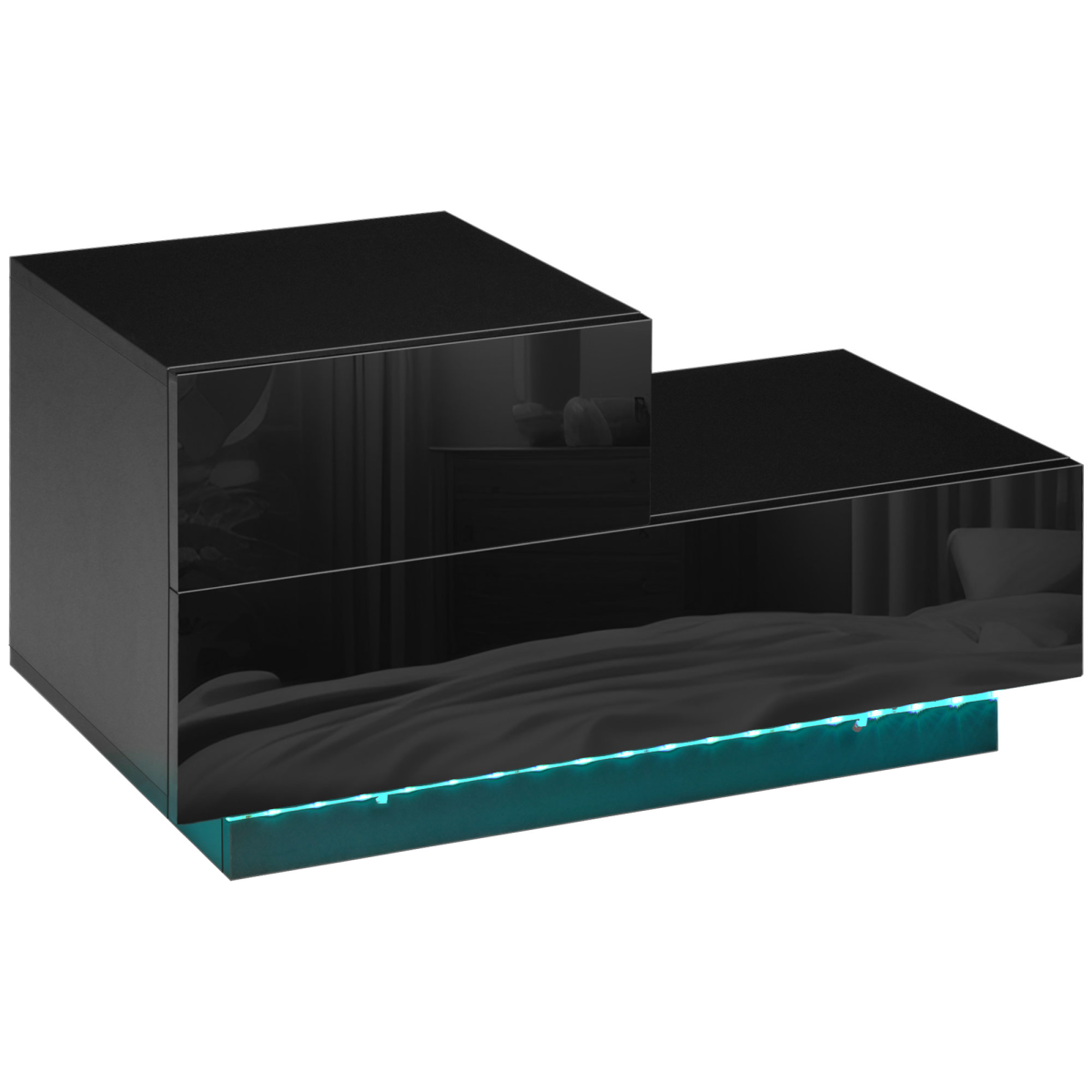 HOMCOM High Gloss Bedside Table with 2 Drawers and LED Light Remote – Modern Nightstand, Black