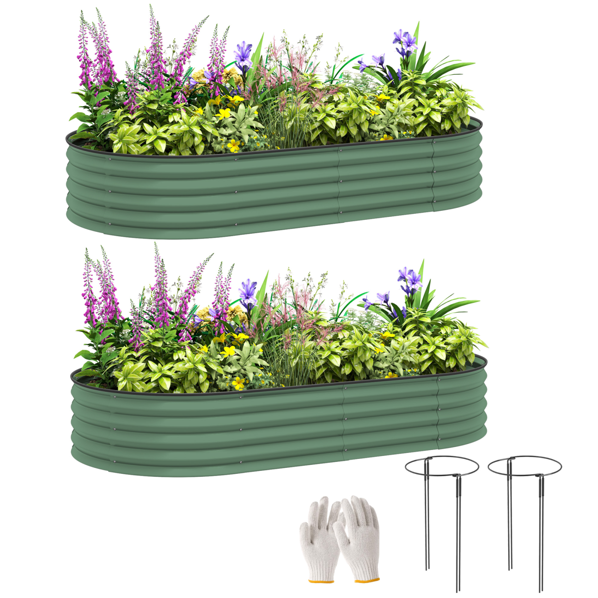 Outsunny Set of 2 Galvanised Steel Raised Garden Planters with Rubber Seal Tops & Open Bottom, Green