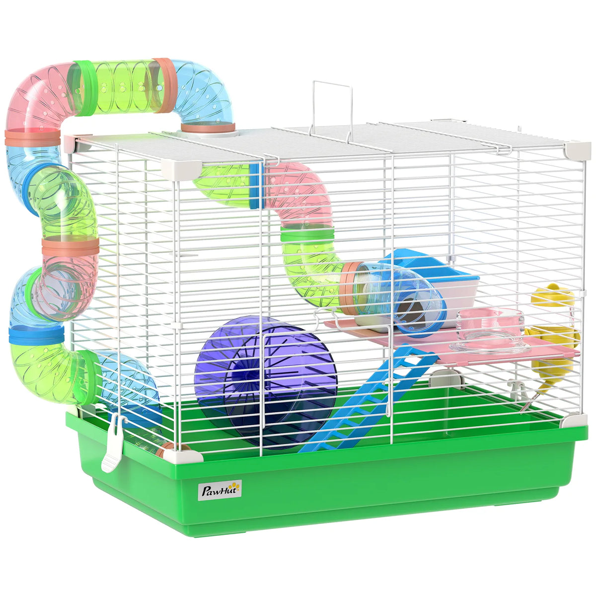 PawHut 2 Tier Hamster Cage with Handle, Exercise Wheel and Tunnel – Small Pet Home for Dwarf Hamsters