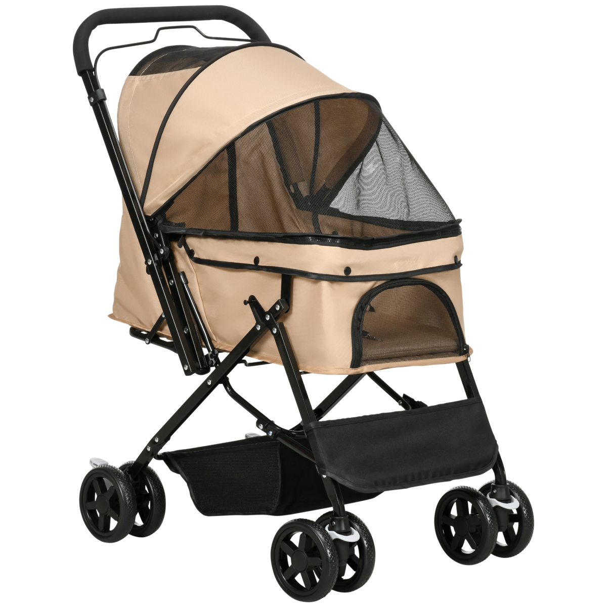 PawHut Foldable Pet Stroller for Small Dogs with Reversible Handle, Canopy & 4 Wheels – Travel Carriage, Brown