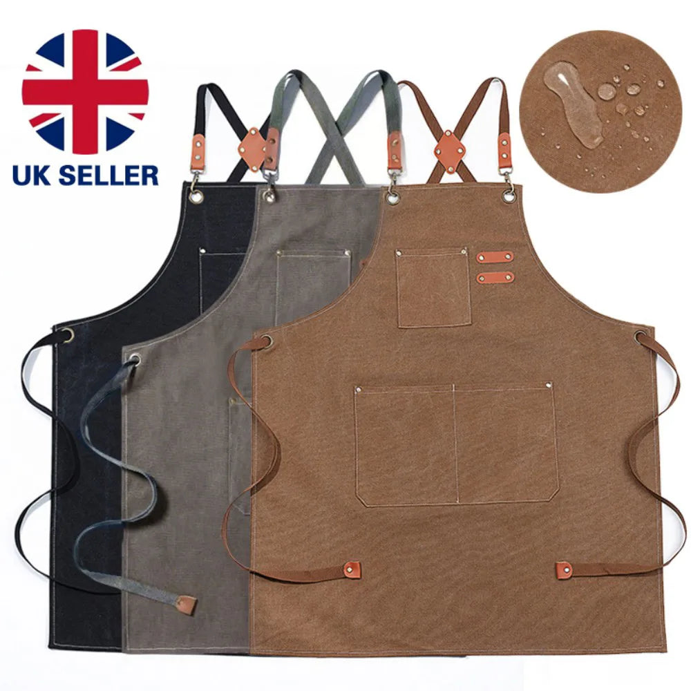 Canvas Apron with Pockets – Adjustable Cross-Back Strap, Kitchen, BBQ & Baking, Grey