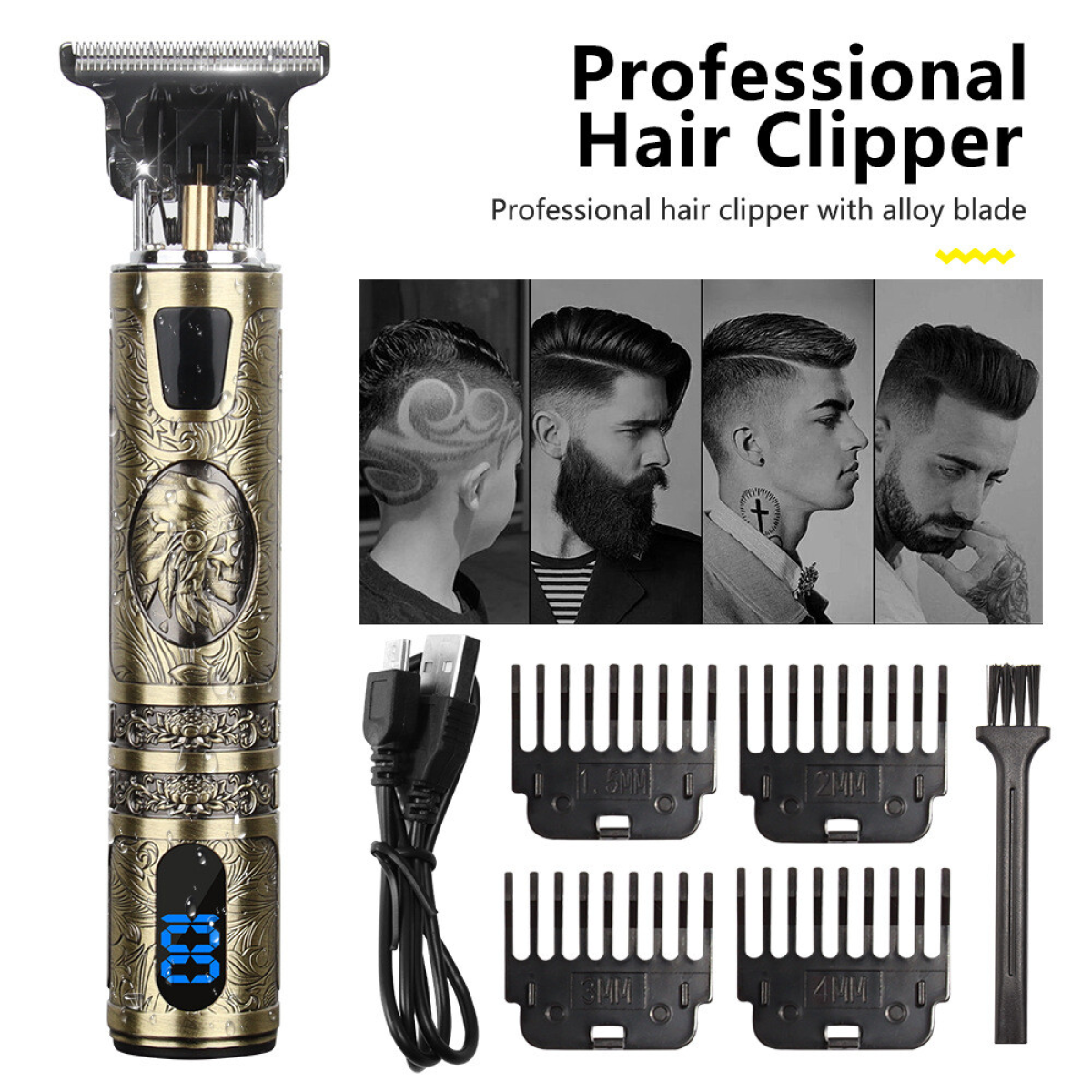 Cordless Hair Clippers & Beard Trimmer Kit with LCD Display, T-Blade and 4 Guide Combs – USB Rechargeable Men's Grooming
