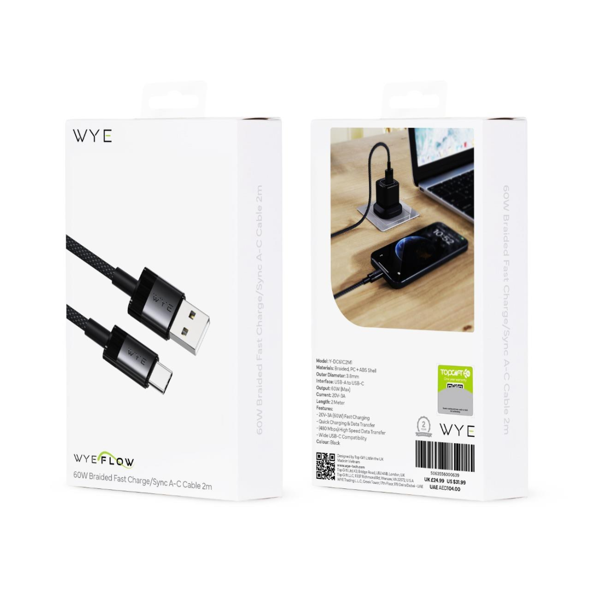 WYE 60W Braided USB-A to USB-C Fast Charge & Sync Cable, 2m – Quick Charging and Data Transfer, Black
