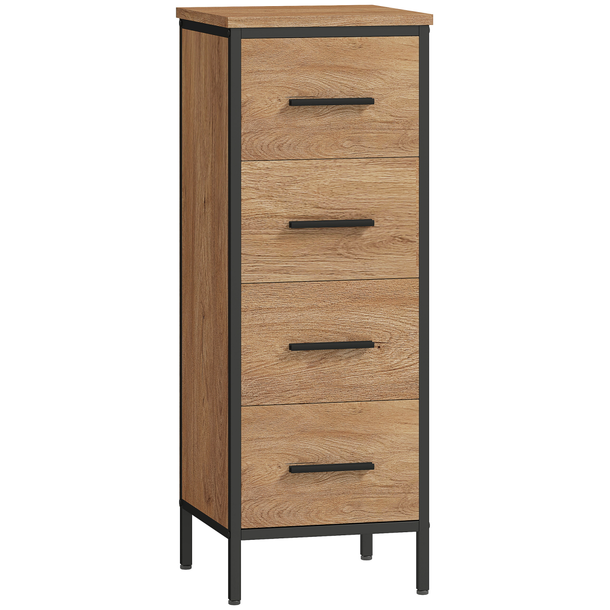 HOMCOM Narrow Bathroom Storage Cabinet with 4 Drawers – Industrial Style Space-Saving Unit, Oak