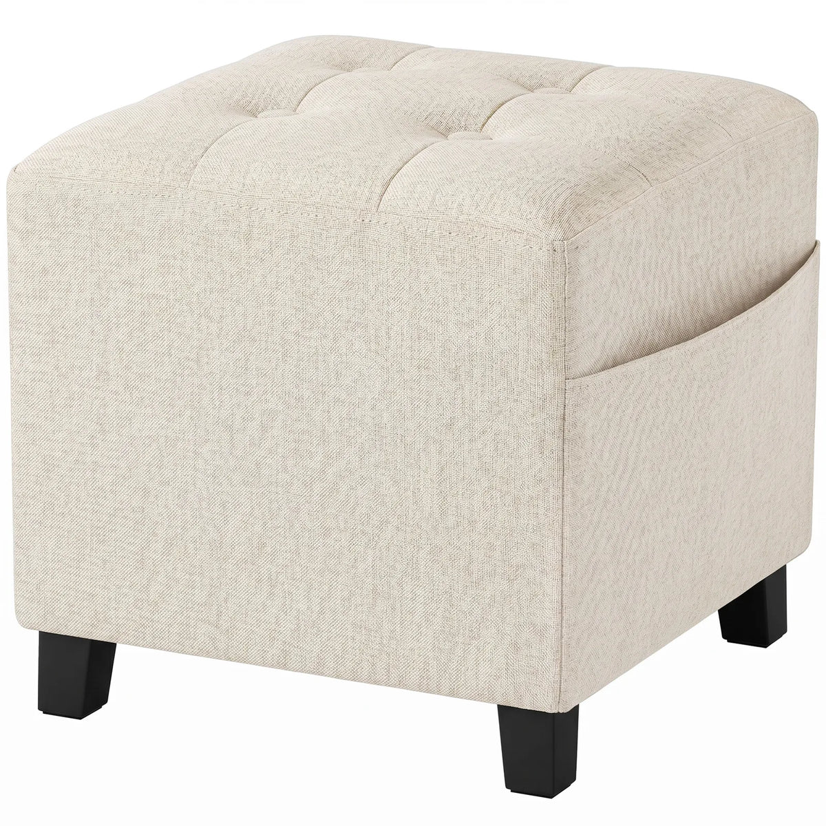 HOMCOM Small Ottoman Footstool with Side Pocket, Padded Seat and Rubber Wood Legs – Living Room, Beige