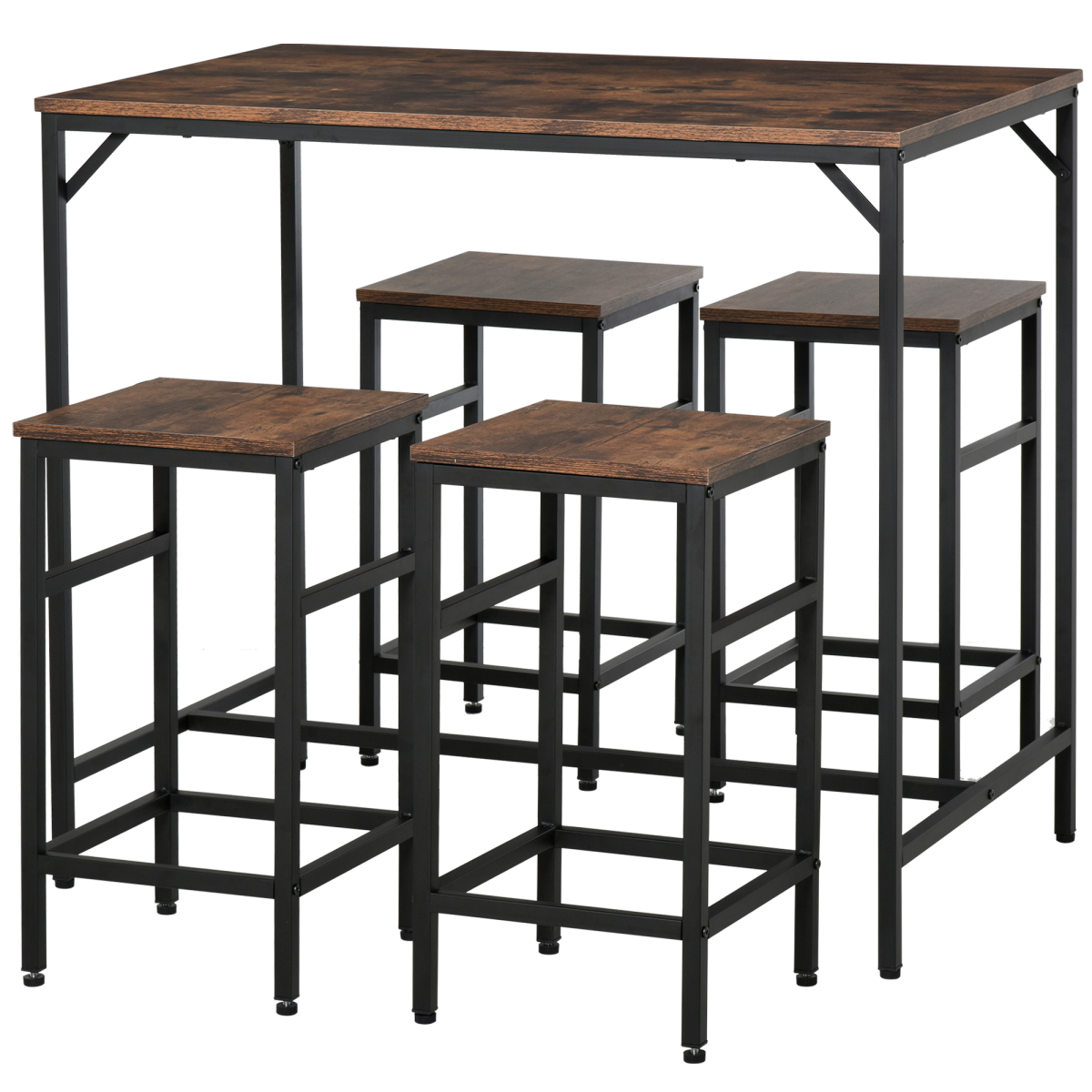 HOMCOM Industrial 5-Piece Bar Set with Table and 4 Stools, Steel Frame and Footrest Rings – Black/Brown