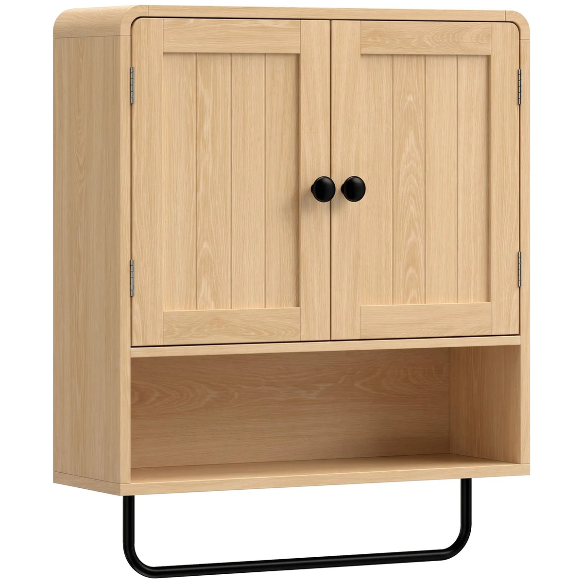 HOMCOM Wall-Mounted Bathroom Cabinet with 2 Doors, Open Shelf and Towel Rail – Bathroom Storage, Oak