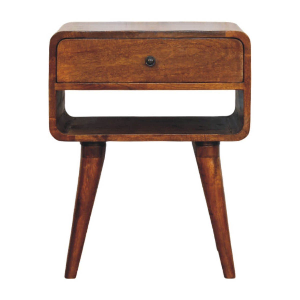 Artisan Furniture Solid Wood Avora Chestnut Nightstand with Drawer and Open Shelf – Mid-Century Style, Brown