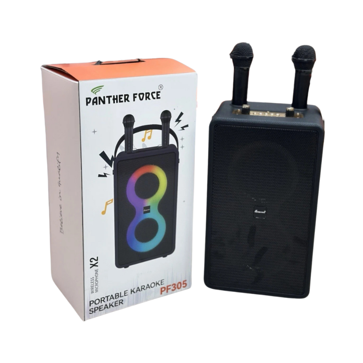Panther Force PF305 Bluetooth Speaker with 2 Wireless Microphones & RGB Light – USB and 3.5mm Inputs, Black