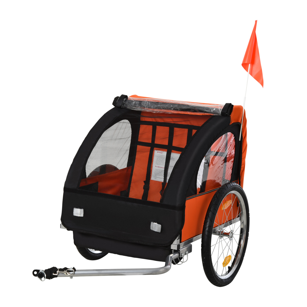 HOMCOM 2-Seat Child Bike Trailer with Steel Frame, Five-Point Harnesses & Roll-Up Door – Kids Trailer, Orange
