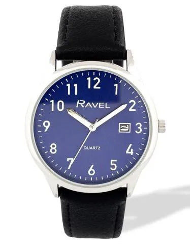 Ravel Men's Silver-Tone Dated Watch with Blue Dial and Black Faux Leather Strap