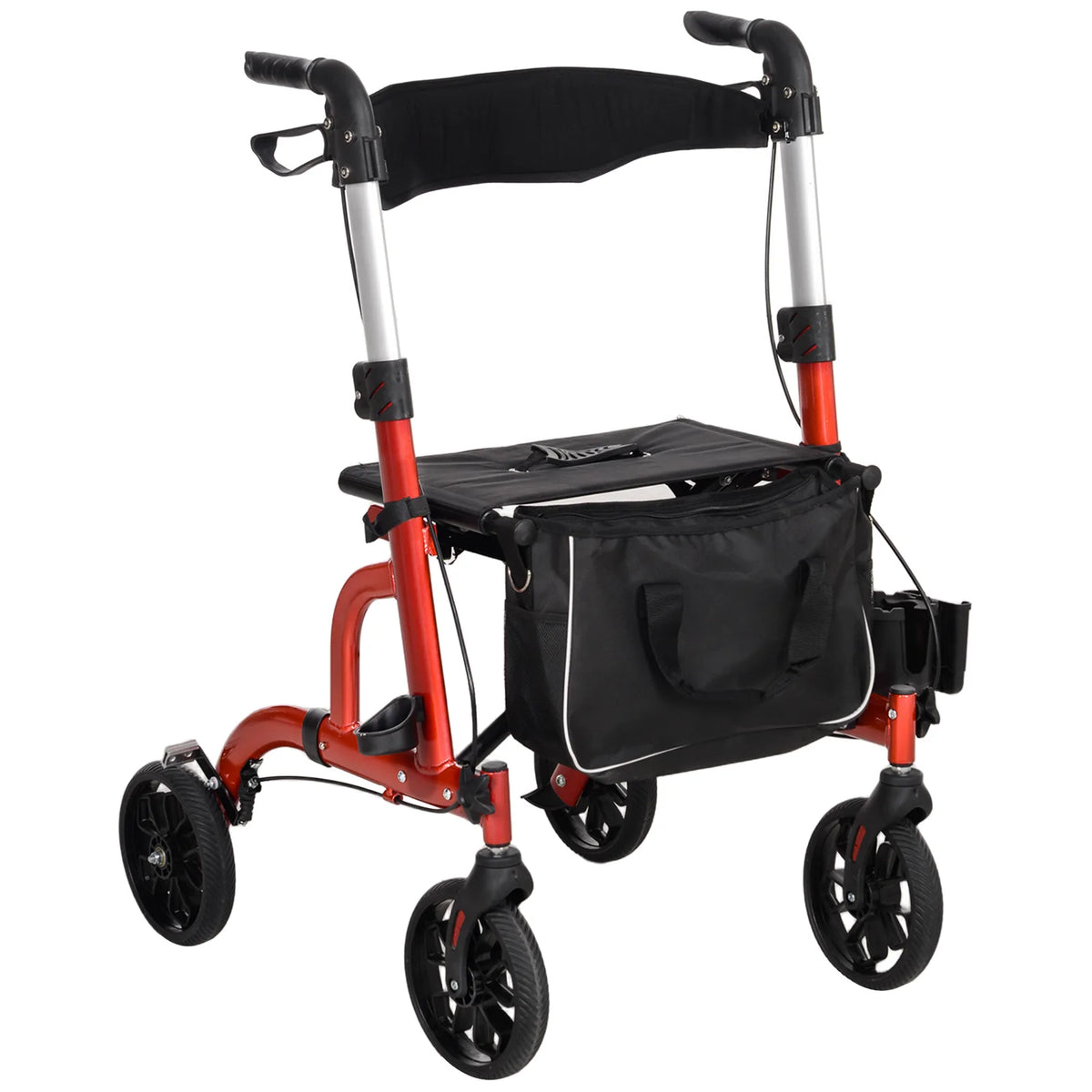 HOMCOM Folding Rollator Walker with Seat, Padded Backrest & Adjustable Handles – Lightweight Walking Frame, Red