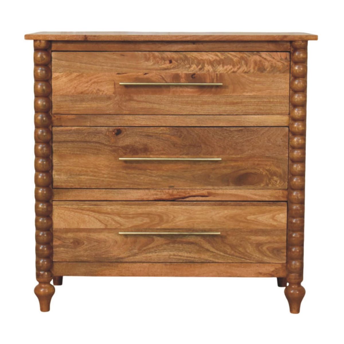 Artisan Furniture Solid Wood Spindle Chest of 3 Drawers with Brass Handles – Amber Oak Finish, Brown