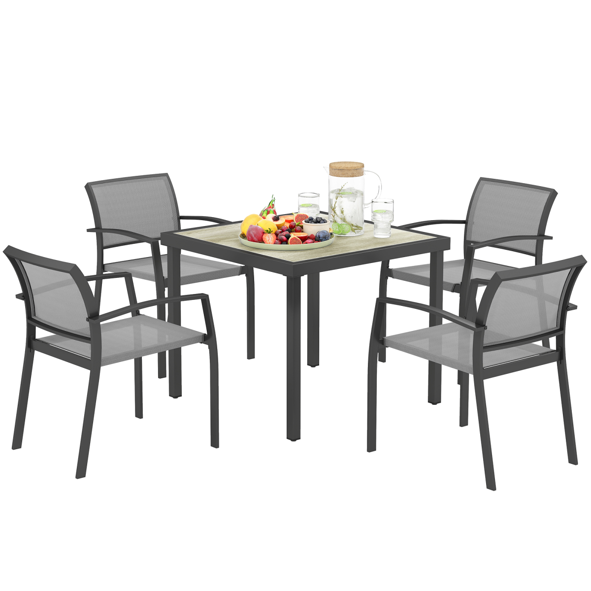 Outsunny 5-Piece Garden Furniture Set with Square Table & 4 Stackable Armchairs – Steel Frame, Grey