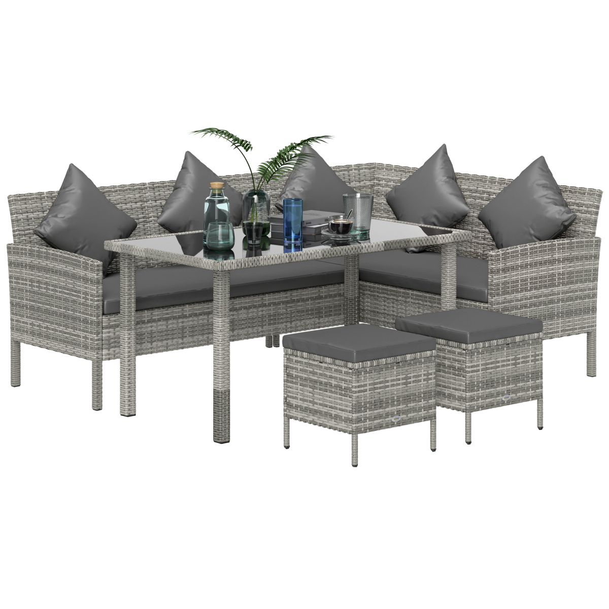 Outsunny 5-Piece Rattan Corner Sofa Dining Set with Glass Table and Footstools – Garden Furniture, Dark Grey