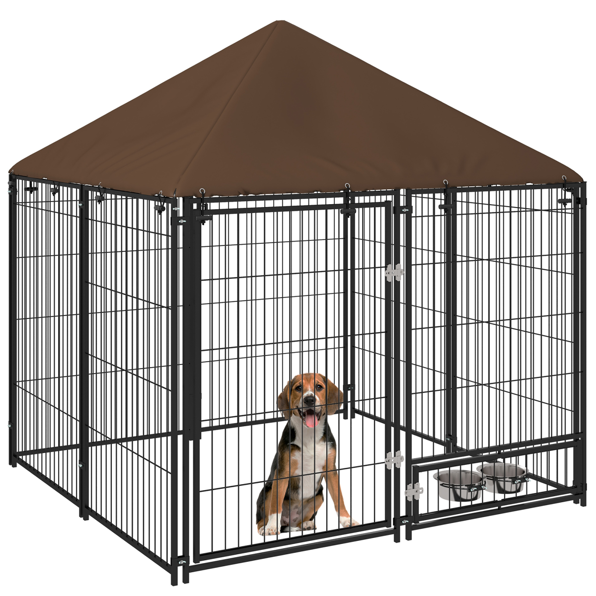 PawHut Outdoor Dog House Kennel with Canopy Top & Secure Lock, Rotating Bowl Holder – Black and Brown