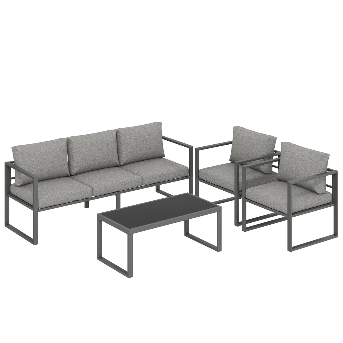 Outsunny 4 Piece Garden Furniture Set with 3-Seater Sofa, 2 Armchairs & Glass Coffee Table – Aluminium Patio Lounge