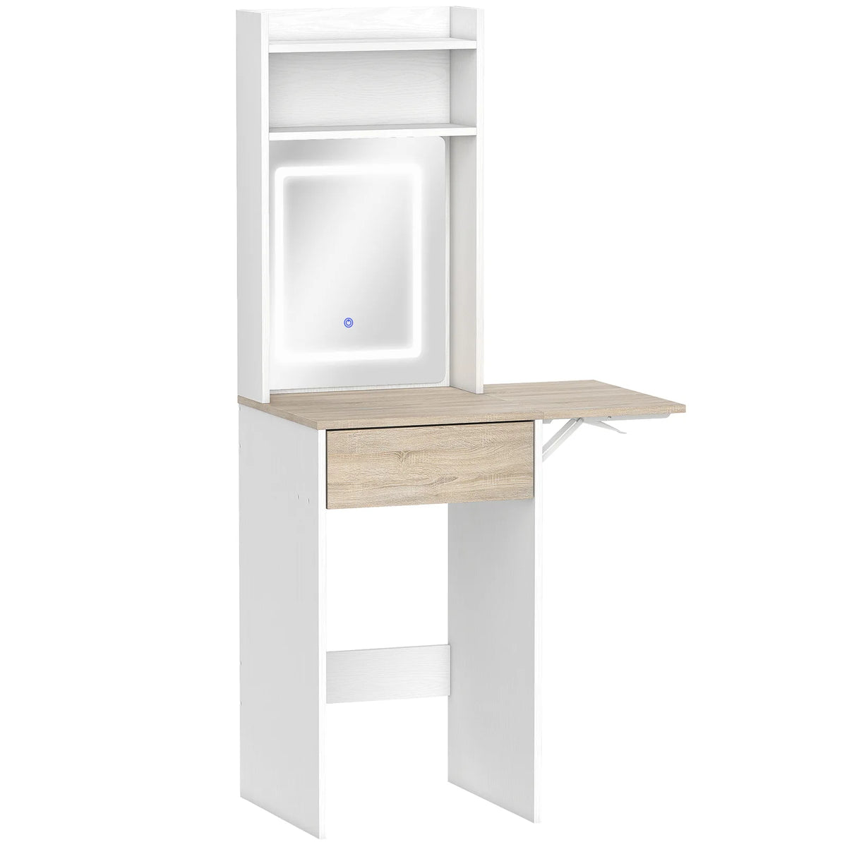 HOMCOM Small Vanity Desk with LED Mirror, Drop Leaf, Open Shelves and Drawer – Compact Dressing Table, White
