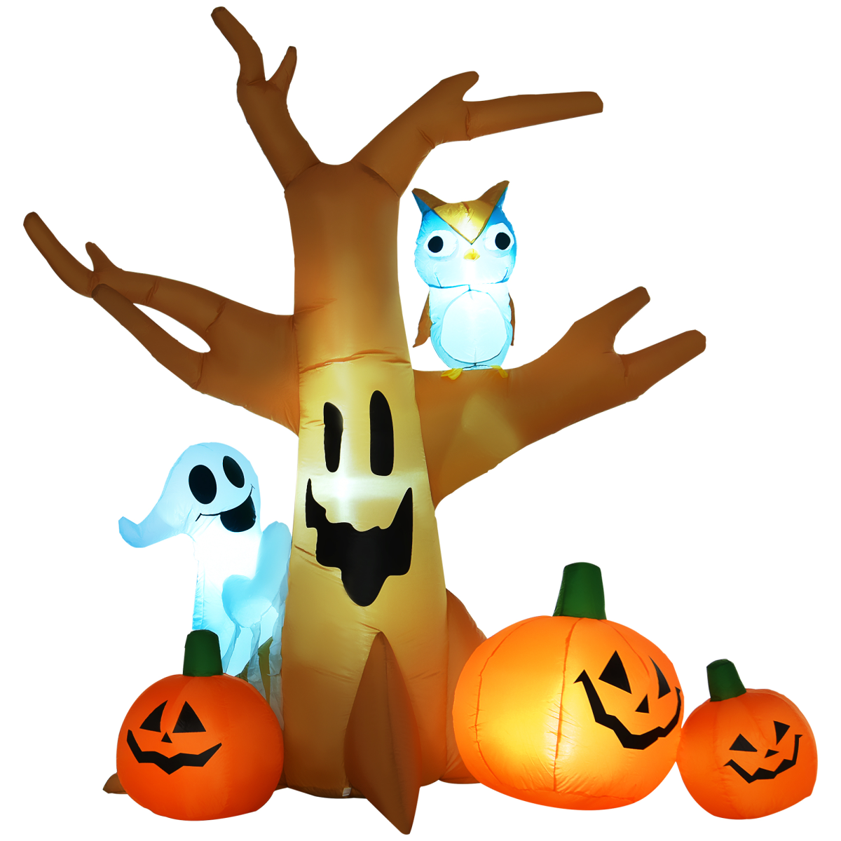 HOMCOM 240cm Inflatable Halloween Tree with Ghost, 3 Pumpkins and Owl – 4 LED Lights, Indoor/Outdoor Decor
