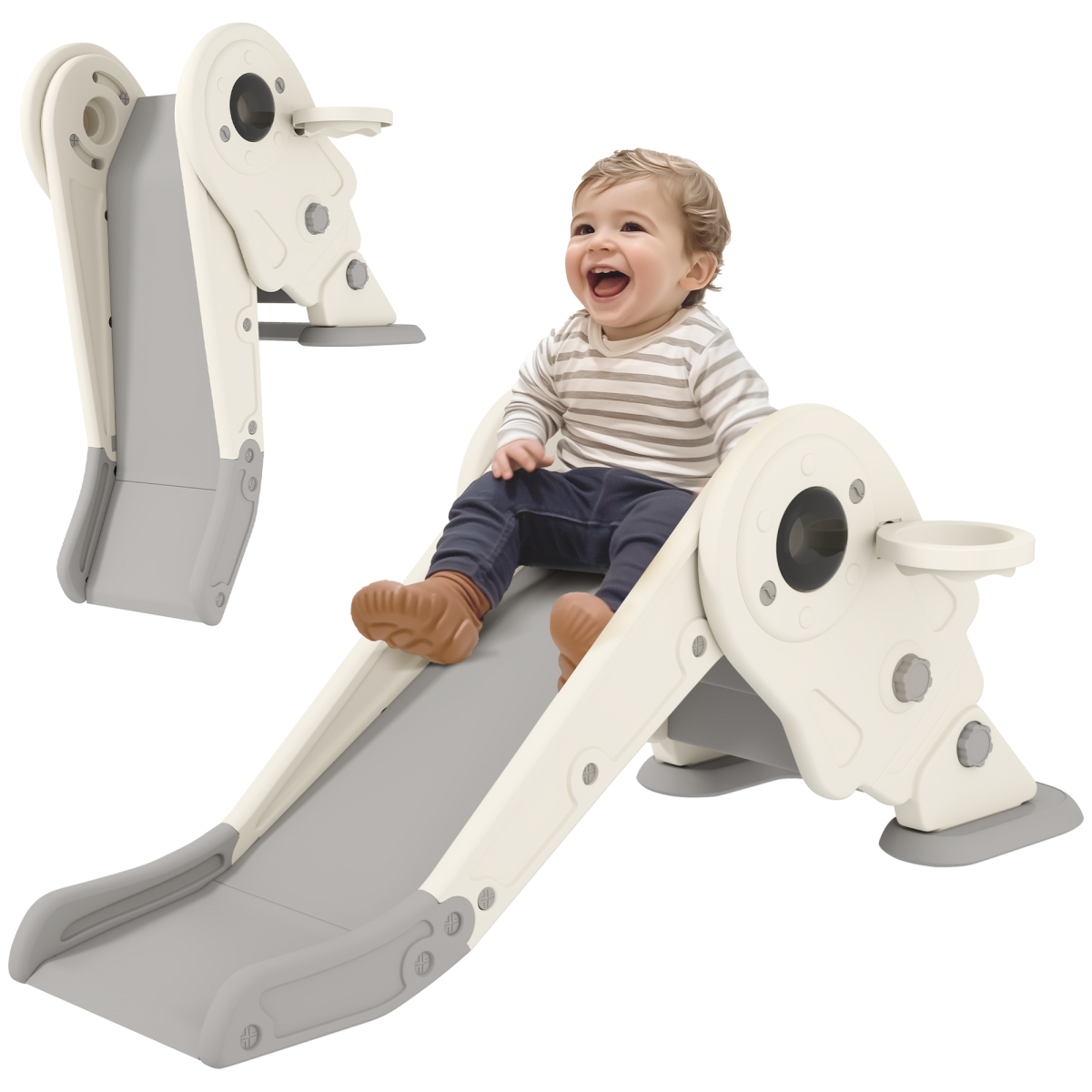 AIYAPLAY 3-in-1 Kids Slide with Basketball Hoop & Climber – Space Theme Foldable Play Set, Cream White