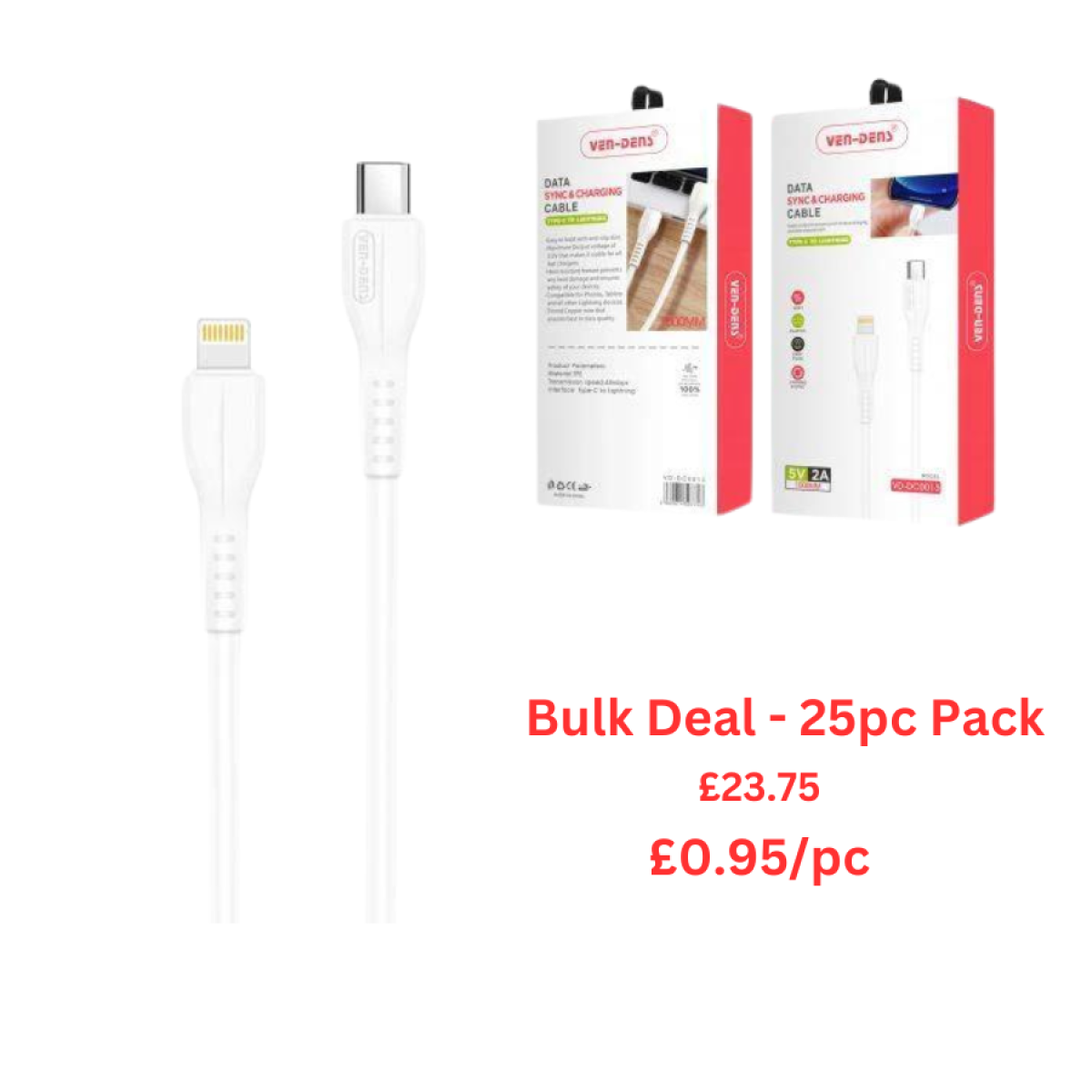 Ven-Dens Type-C to Lightning Fast Charging Cable – Heat Resistant Anti-Slip Design, Bulk Deal 25 Pack