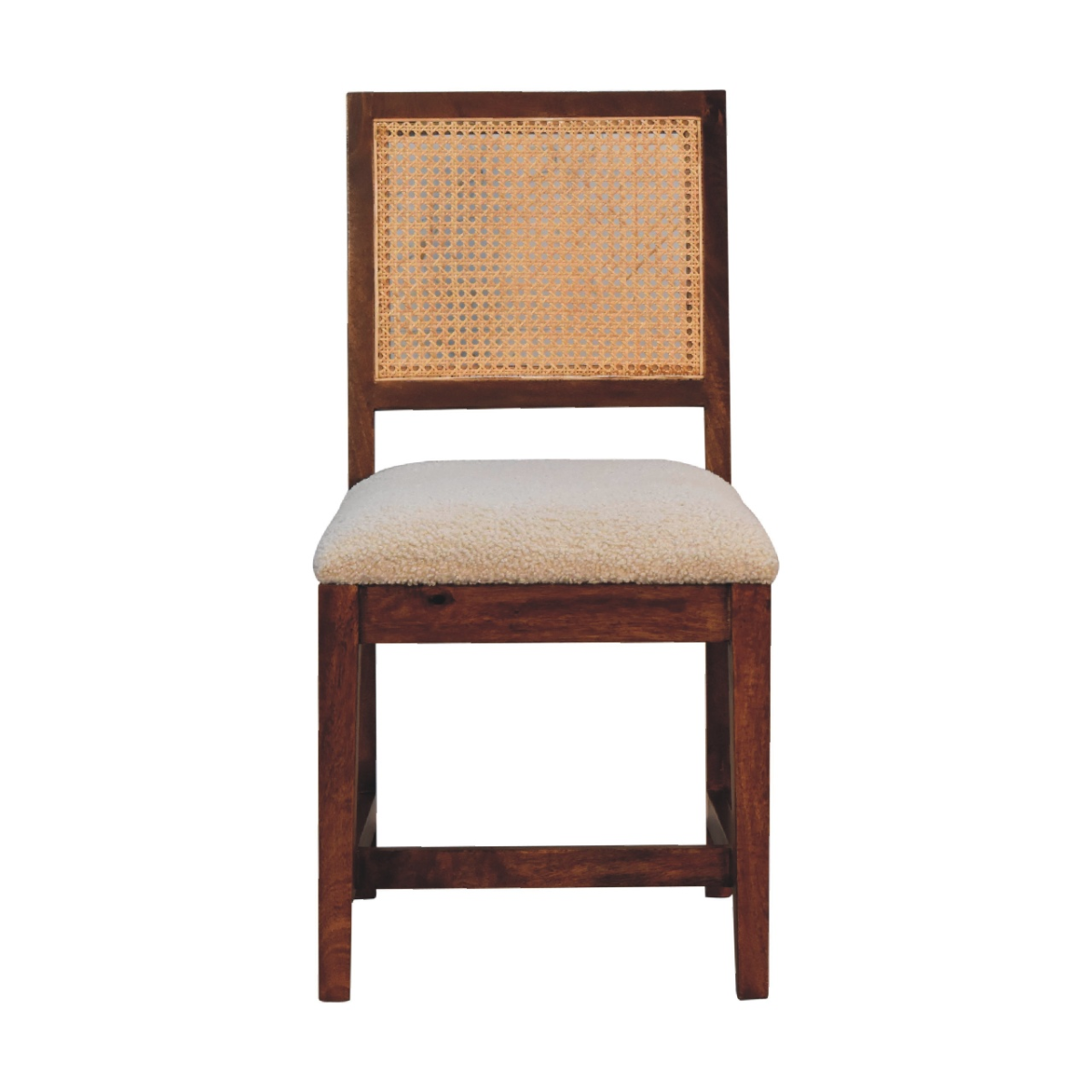 Artisan Furniture Boucle Upholstered Chair with Rattan Back & Solid Mango Wood Frame – Cream and Brown