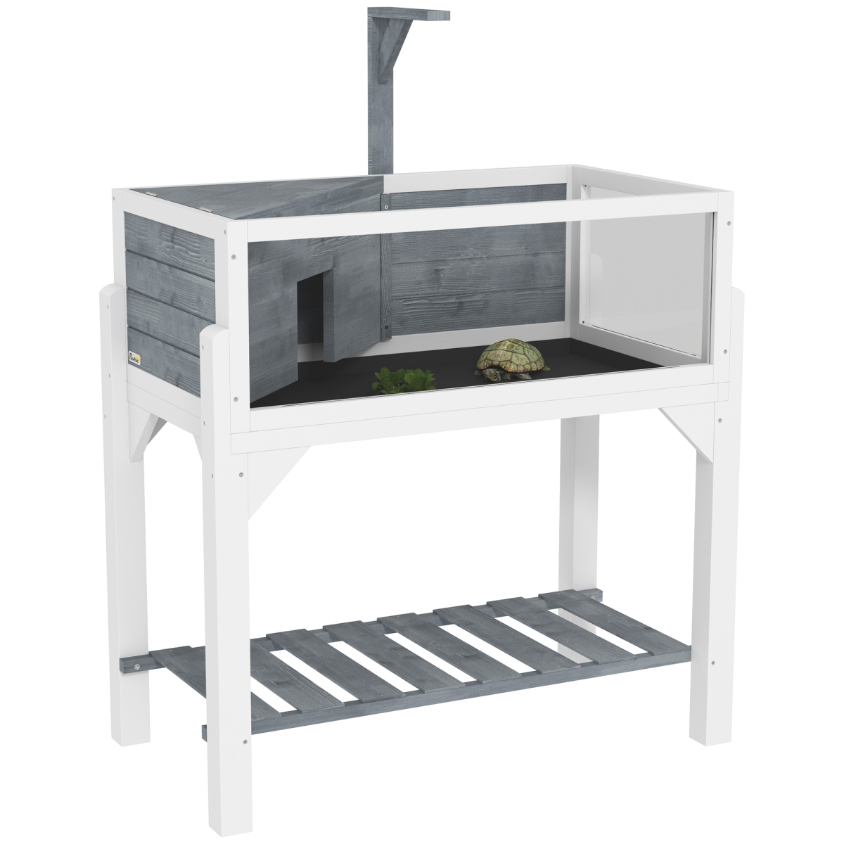 PawHut Wooden Tortoise House with Storage Shelf, Lamp Stand & Clear Observation Windows – White and Grey