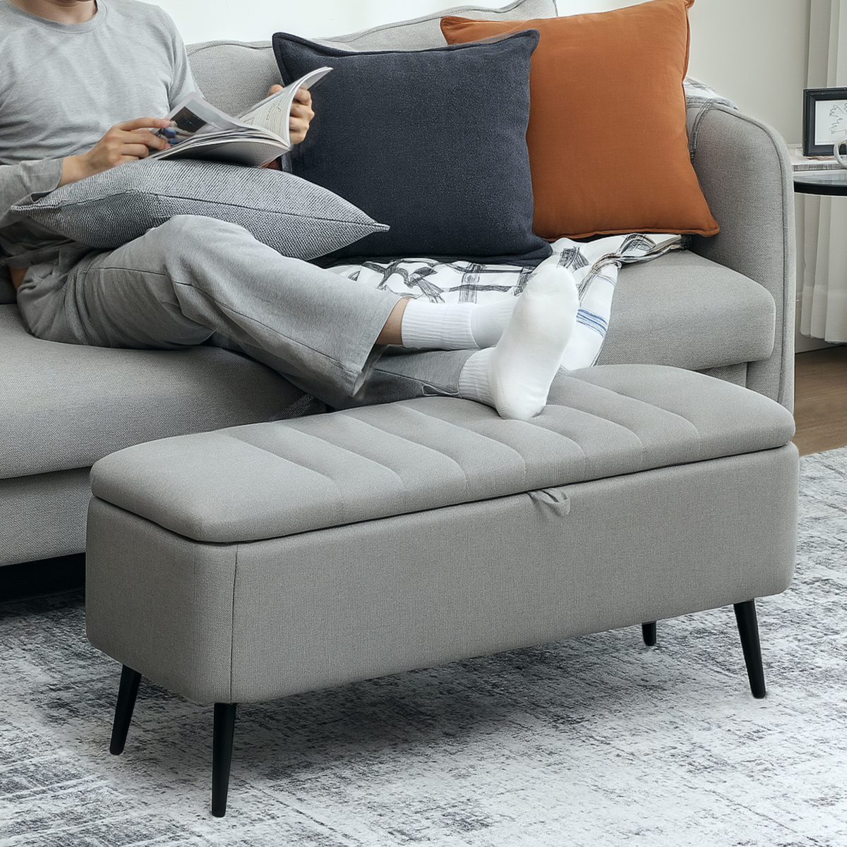 Storage Ottoman Bench with Padded Lid & Steel Legs – 102cm Linen-Touch Footstool with Hidden Storage, Dark Blue