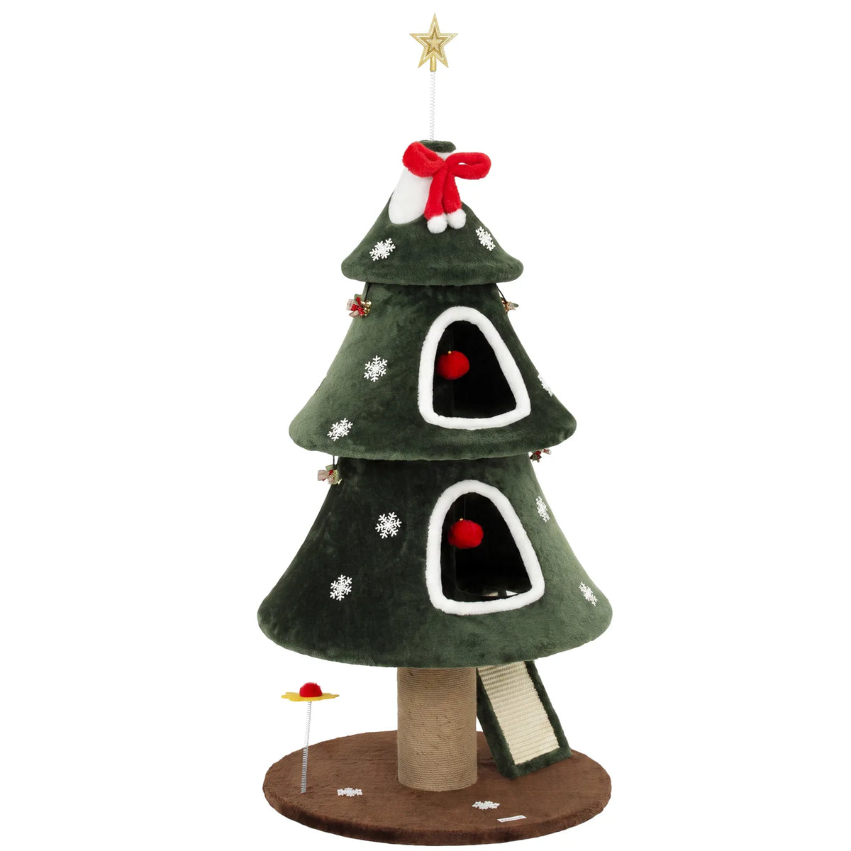 PawHut Christmas Cat Tree with Dual Condos, Sisal Ladder & Anti-Tip Rope – 132 cm Festive Cat Tower