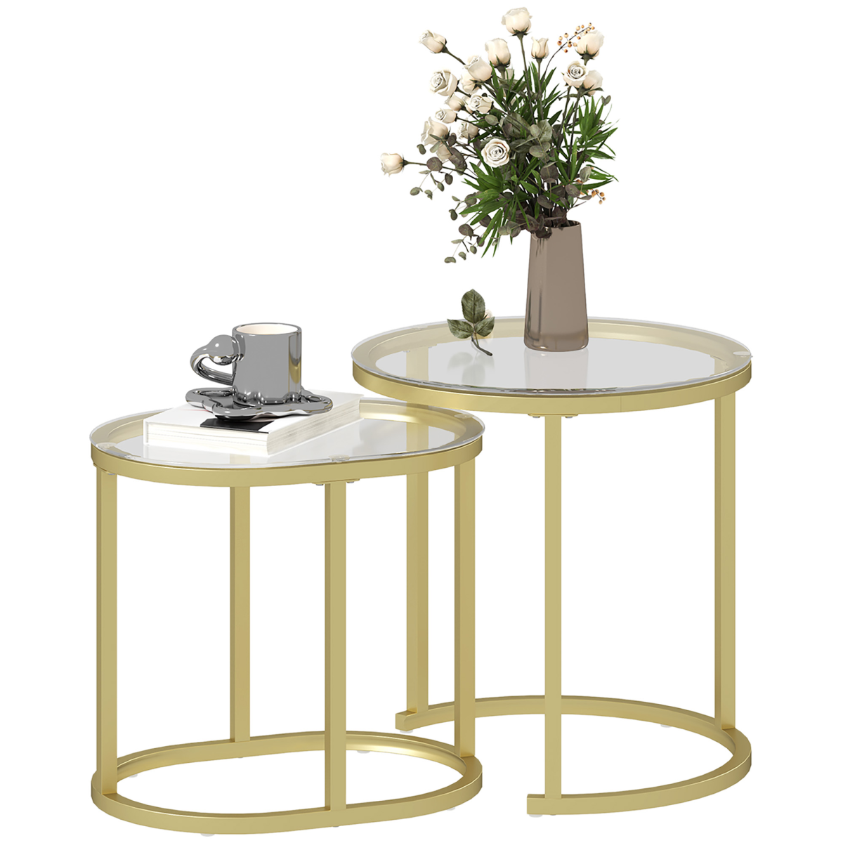 HOMCOM Glass Accent Table Set with Gold Tone Steel Frames – Round & Oblong Side Tables, Clear Tempered Glass