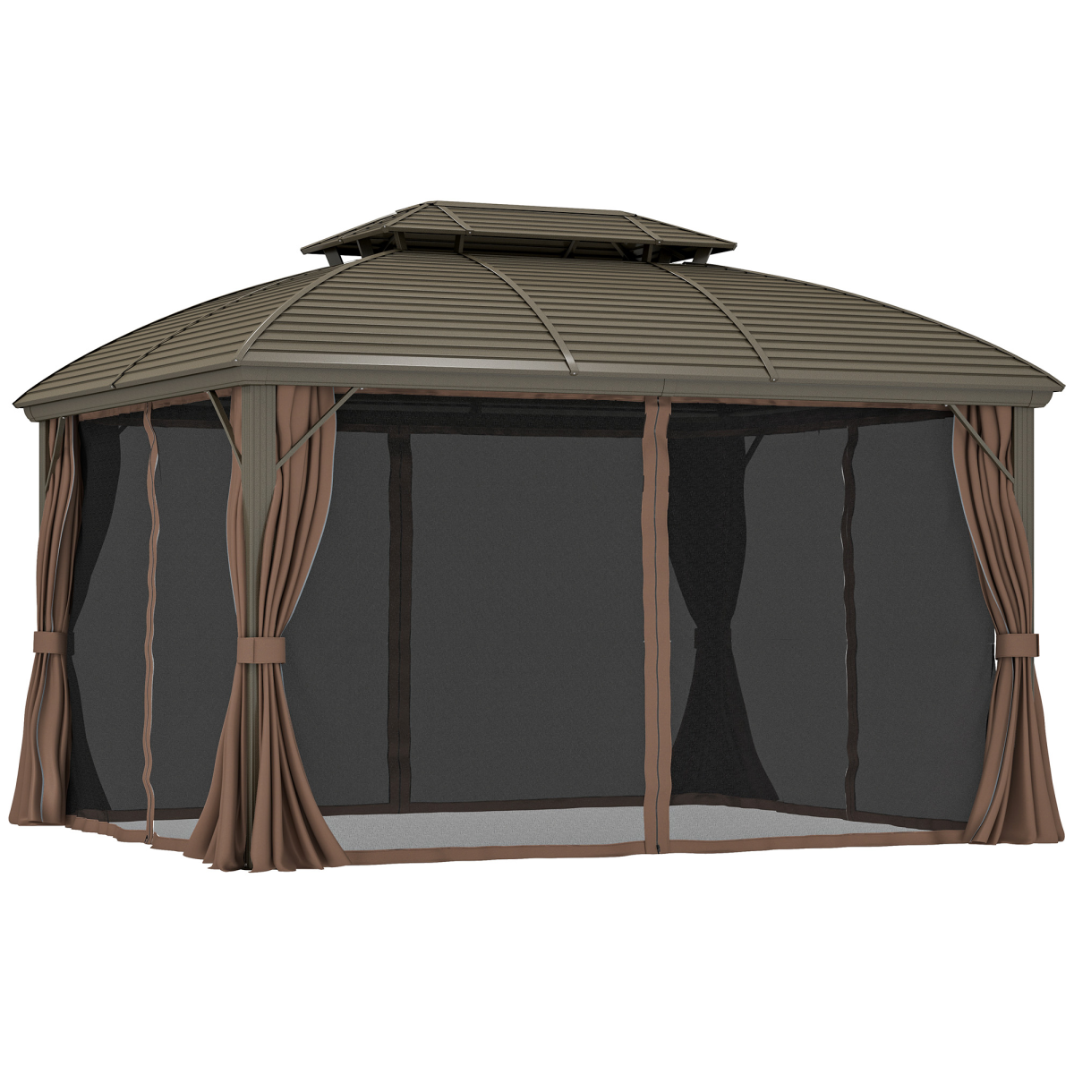 Outsunny 3.65x3m Aluminium Hardtop Gazebo with Double Roof, Mesh Sidewalls & Curtains – Coffee