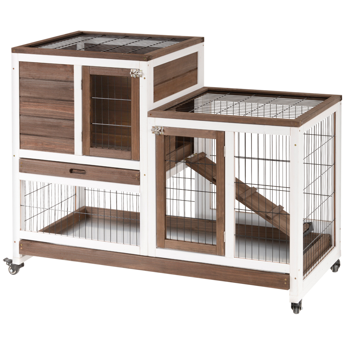 Two-Tier Wooden Rabbit Hutch with Four Wheels and Locking Doors – Indoor Guinea Pig Cage, 110 x 50 x 86 cm