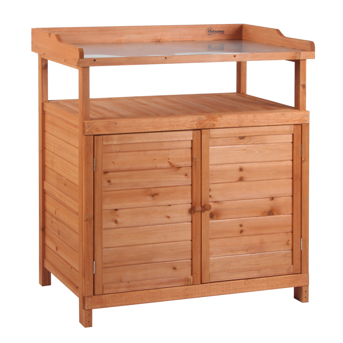 Outsunny 2-in-1 Potting Bench with Storage Cabinet & Galvanised Steel Table Top – Wooden Garden Workstation