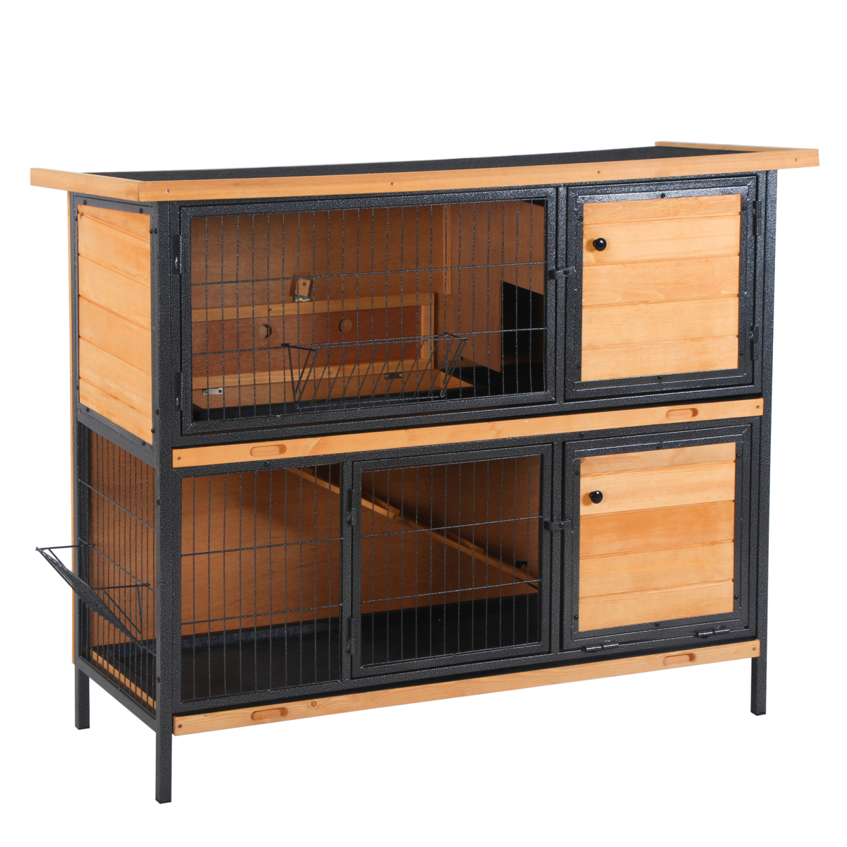 PawHut Wooden Rabbit Hutch with Metal Frame, Run & Slide-Out Tray – Outdoor Bunny House, Light Yellow