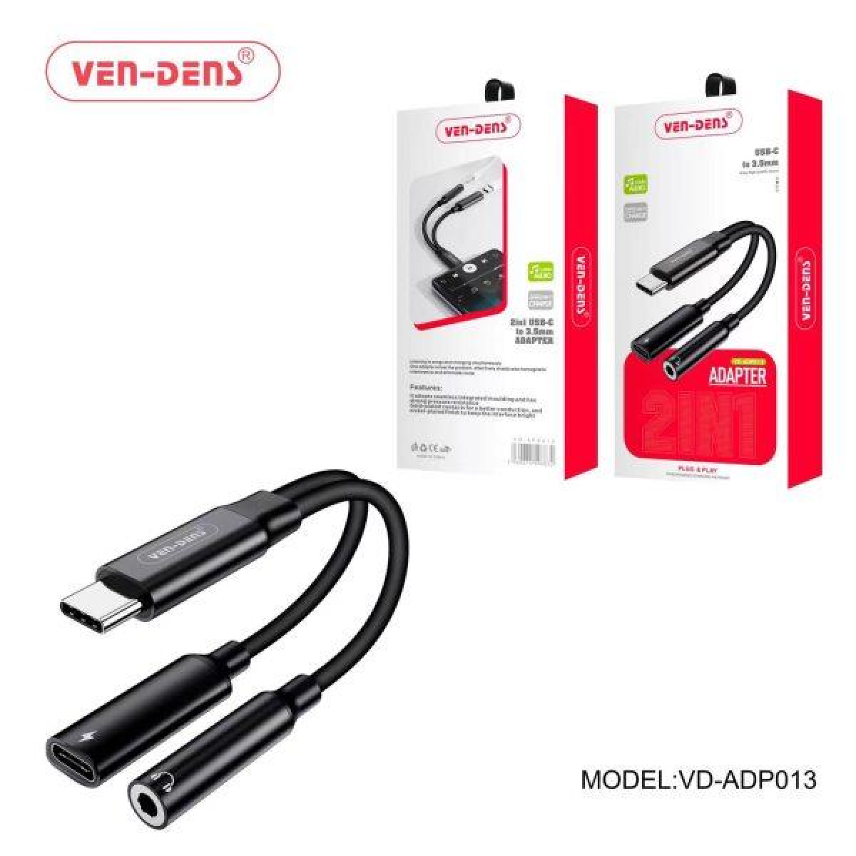 Ven-Dens USB-C to 3.5mm Headphone Adapter with PD Fast Charging – Y-Shaped Audio and Charger Splitter