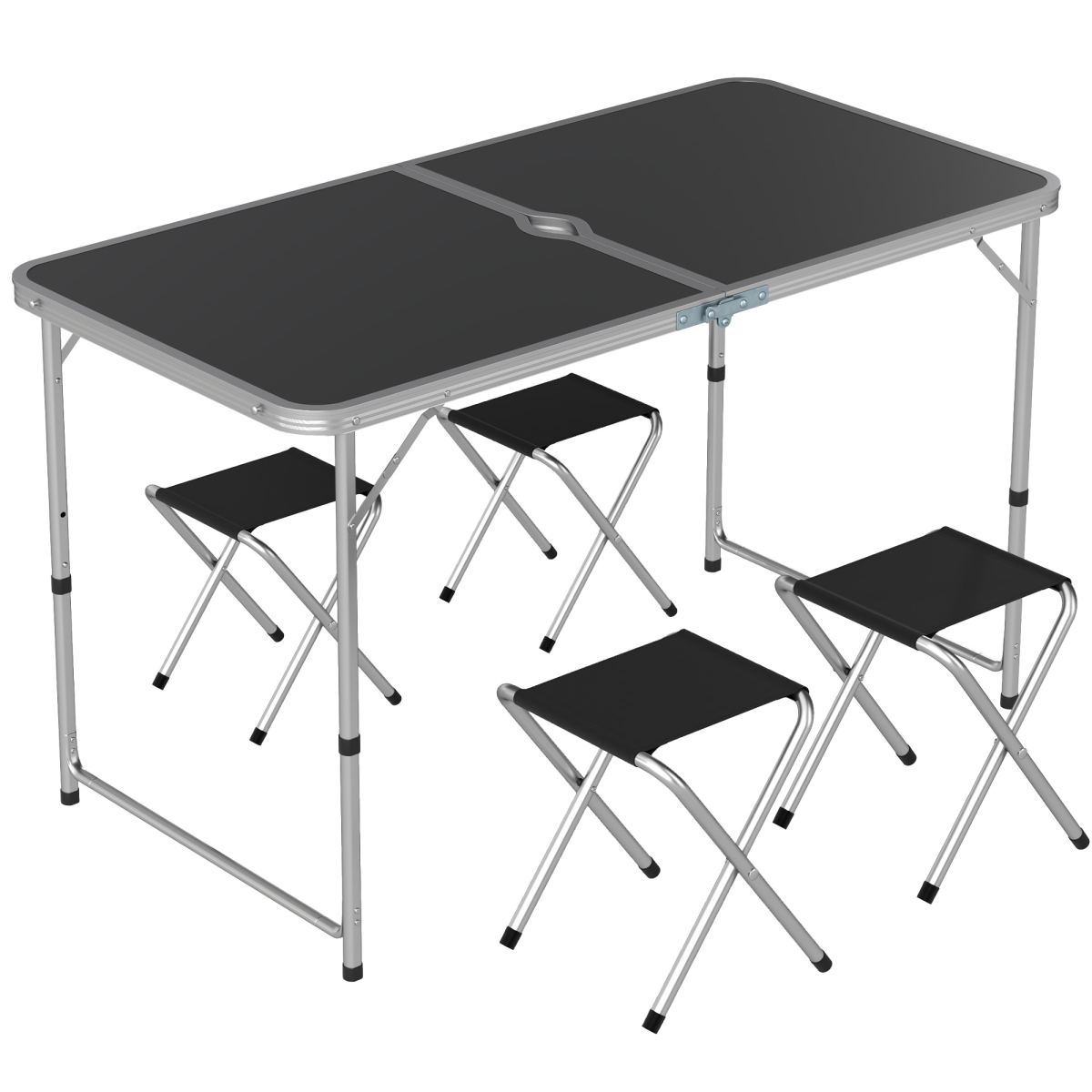 Outsunny Folding Camping Table and 4 Chairs Set with Adjustable Height & Parasol Hole – Aluminium, Black and Silver