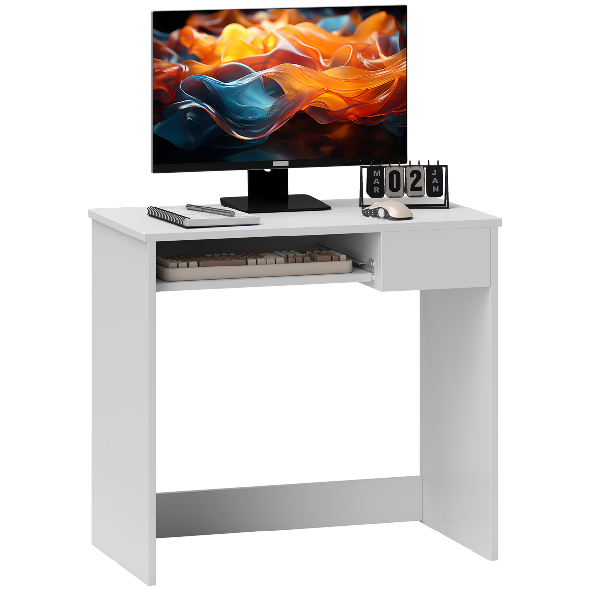 HOMCOM Compact Computer Table with Keyboard Tray and Drawer – Space-Saving Home Office Desk, White