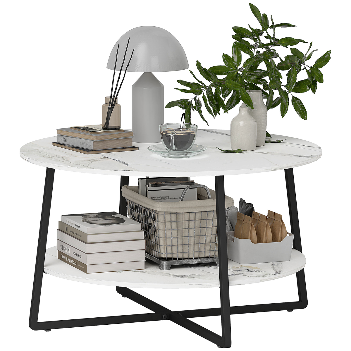 HOMCOM Round Coffee Table with Storage Shelf and Marble-Effect Top, 80cm – Steel Frame Living Room Table, White