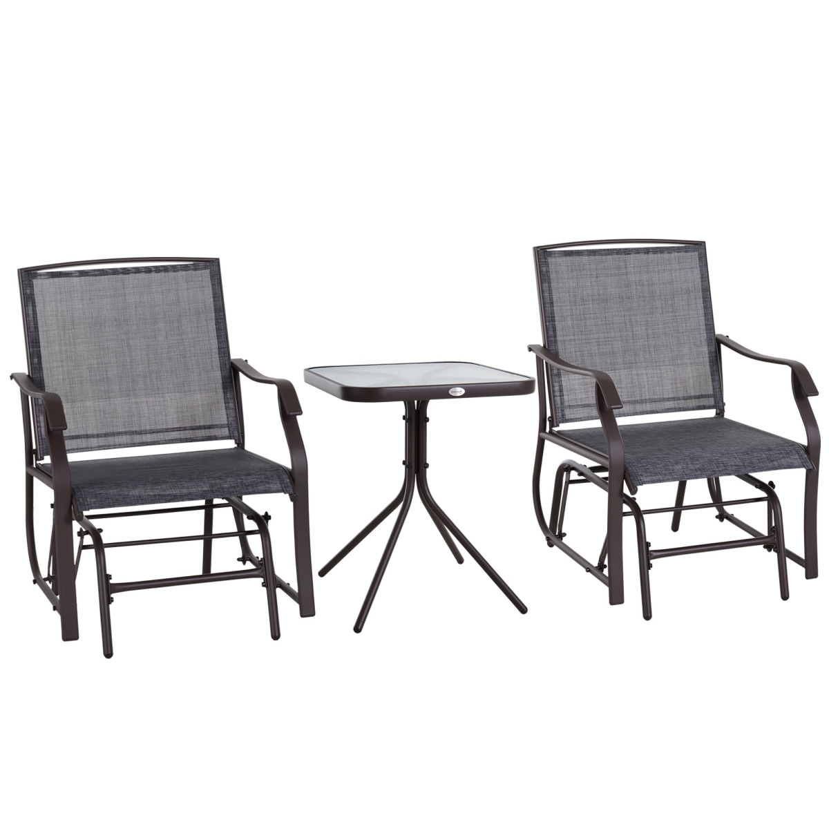 Outsunny Set of 2 Glider Rocking Chairs with Tempered Glass Table, Steel Frame – Garden Patio Set, Grey