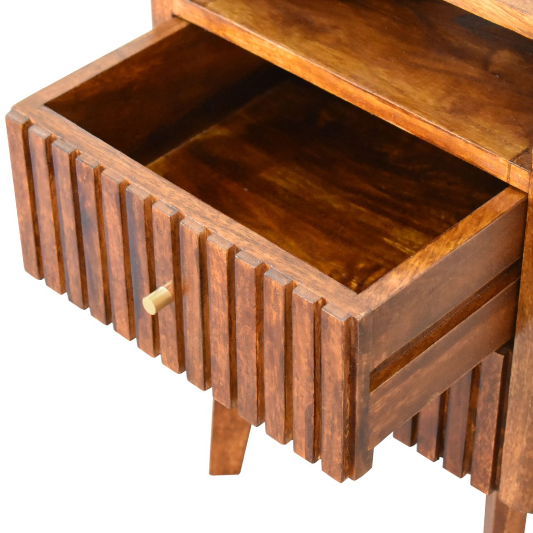 Artisan Furniture Solid Wood Reeve Retro Bedside Table with 2 Drawers and Open Slot – Chestnut, Dark Brown