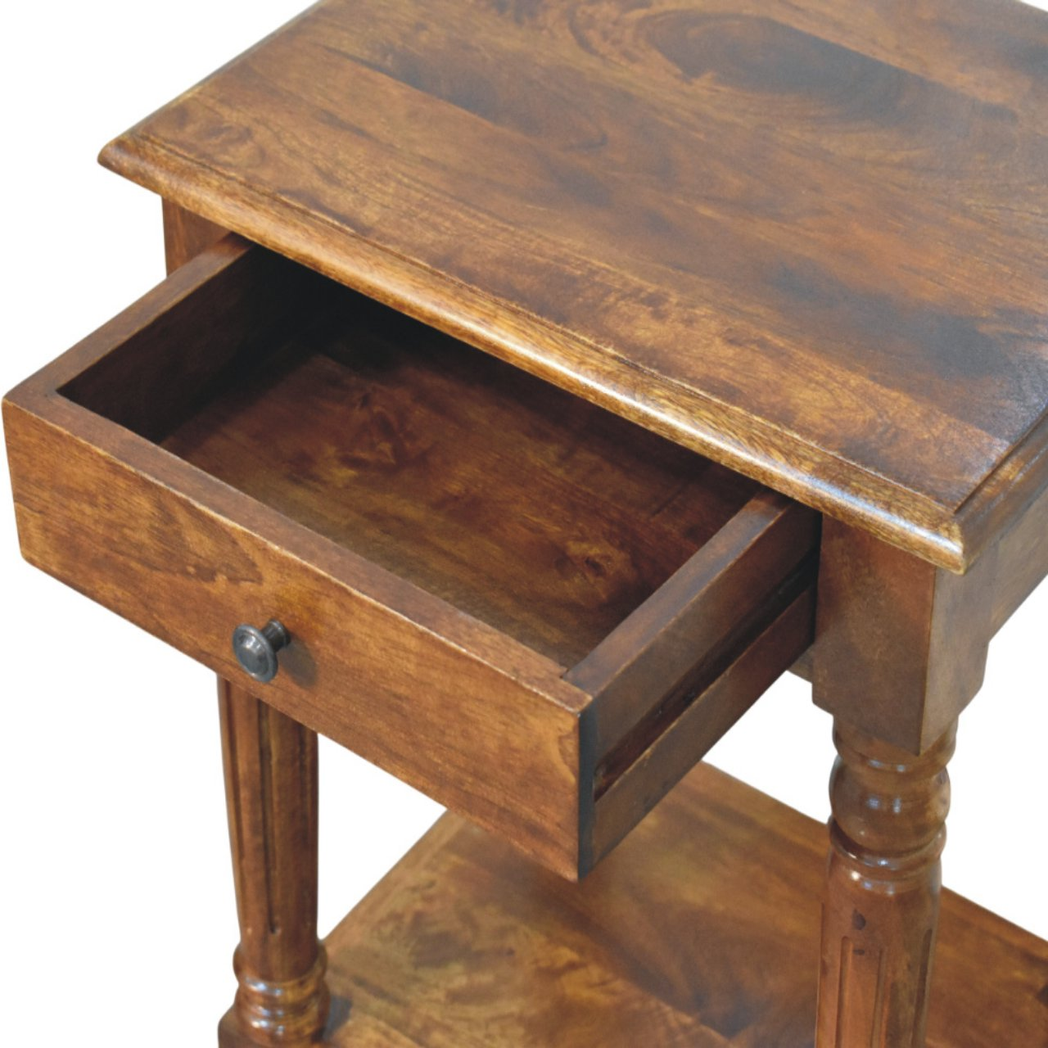 Artisan Furniture Solid Mango Wood Side Table with Drawer, Turned Legs & Lower Shelf – Chestnut Brown