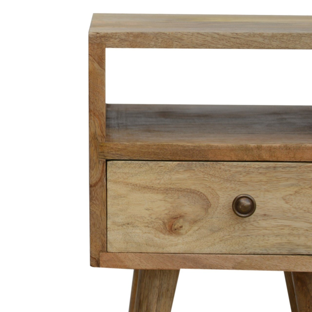 Artisan Mini Solid Mango Wood Bedside Table with Drawer & Open Slot – Compact Bedroom Storage, Beige