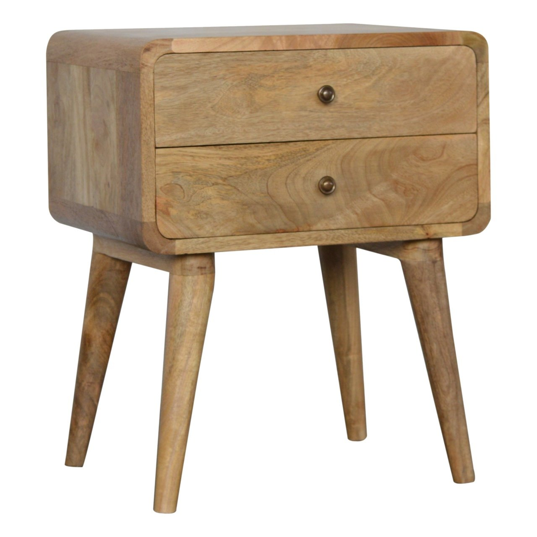 Artisan Furniture Curved Bedside Table with 2 Drawers – Solid Mango Wood, Oak-Effect Finish, Brown