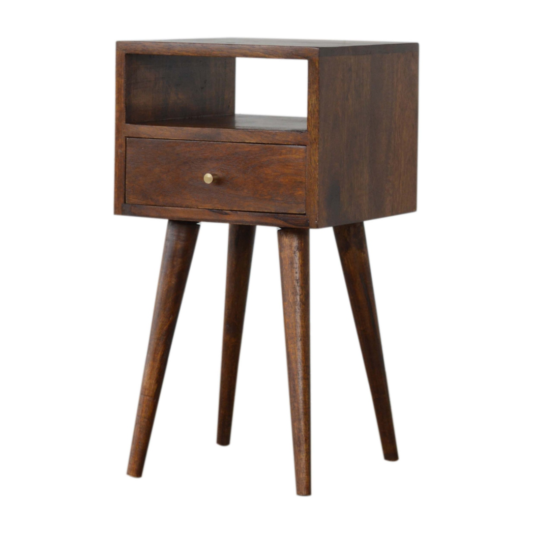 Artisan Furniture Solid Wood Mini Bedside Table with 1 Drawer and Open Shelf – Nordic Style, Chestnut Brown