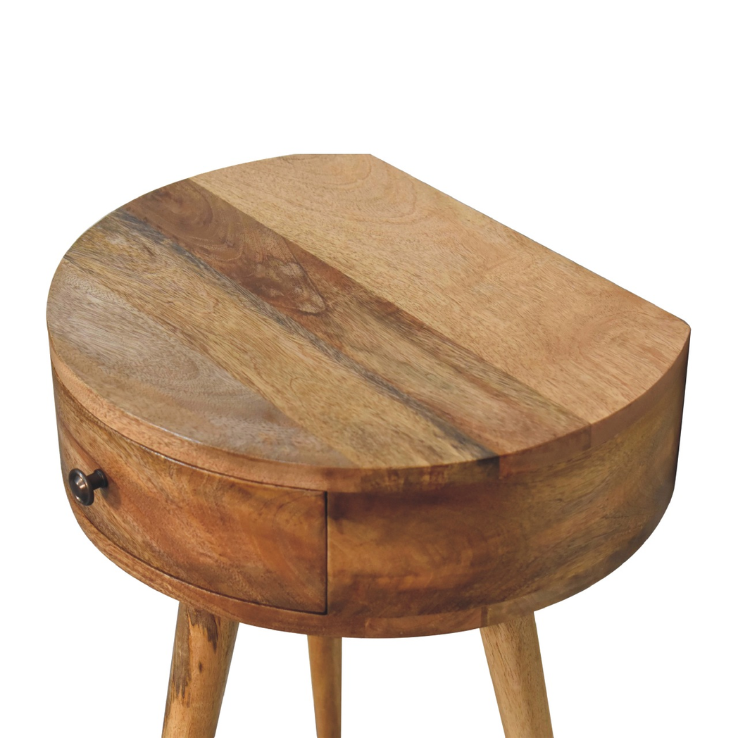Artisan Furniture Mini Circular Bedside Table with Drawer – Solid Mango Wood, Oak-ish Finish, Brown