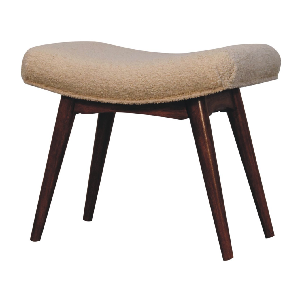 Artisan Furniture Solid Wood Boucle Curved Bench – Upholstered Hallway & Bedroom Seat, Honey Caramel Legs, Cream
