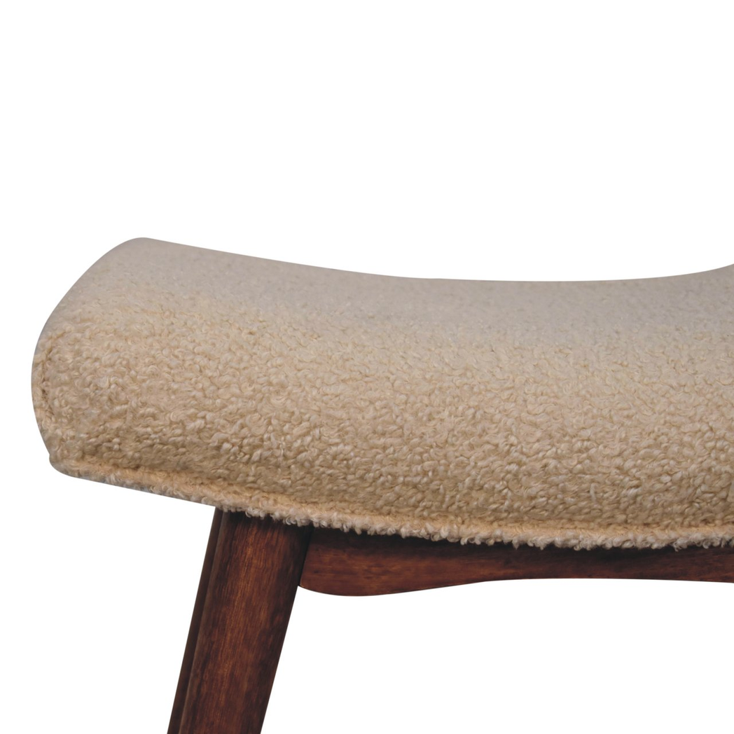 Artisan Furniture Solid Wood Boucle Curved Bench – Upholstered Hallway & Bedroom Seat, Honey Caramel Legs, Cream